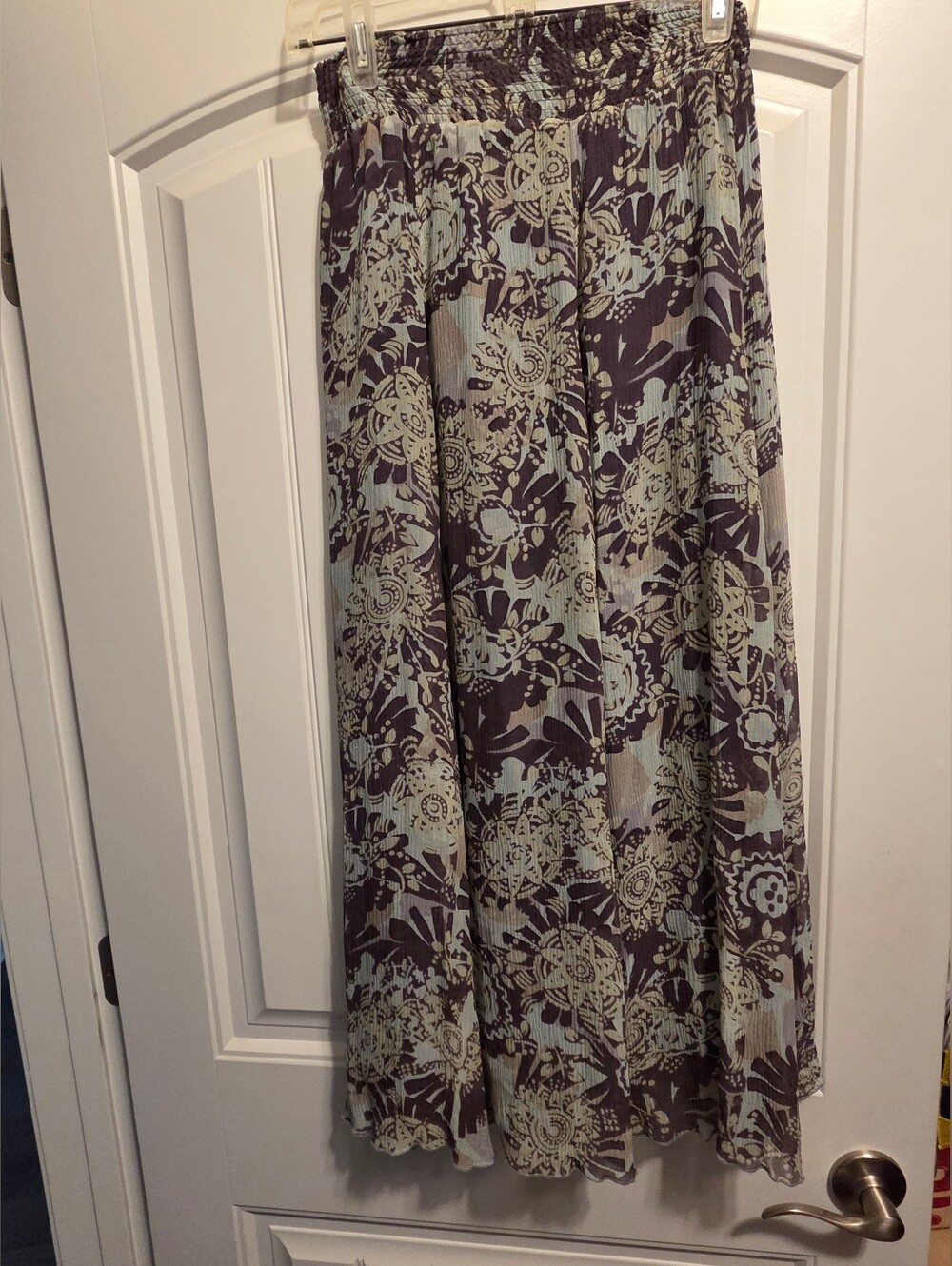 CAbi Silk Midi Skirt Smocked Waist Brown Blue Floral Boho Medium Vacation Office